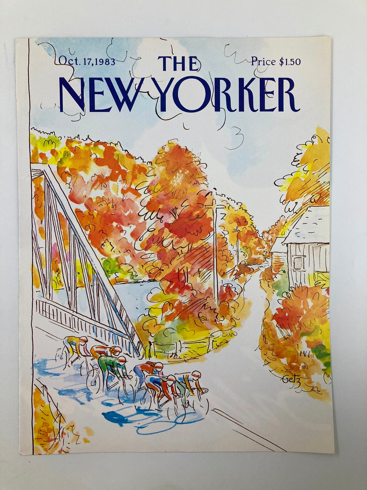 Vintage cover of The New Yorker from October 17, 1983, depicting 'Cyclist in the Park' by Arthur Getz, with colorful autumn scenery and cyclists riding along a scenic route.