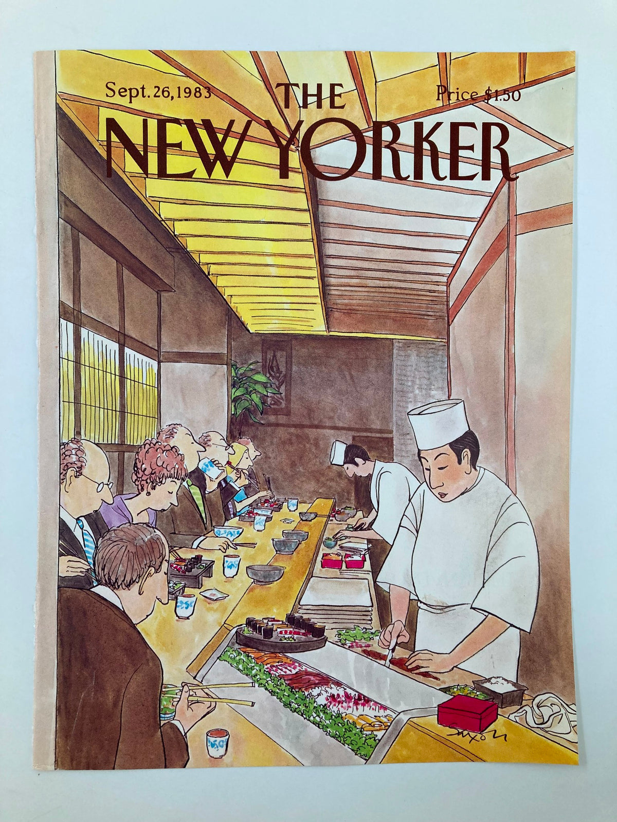 Cover of The New Yorker from September 26, 1983, by Charles Saxon, showcasing a scene of Japanese chefs skillfully preparing sushi for diners seated at a sushi bar.