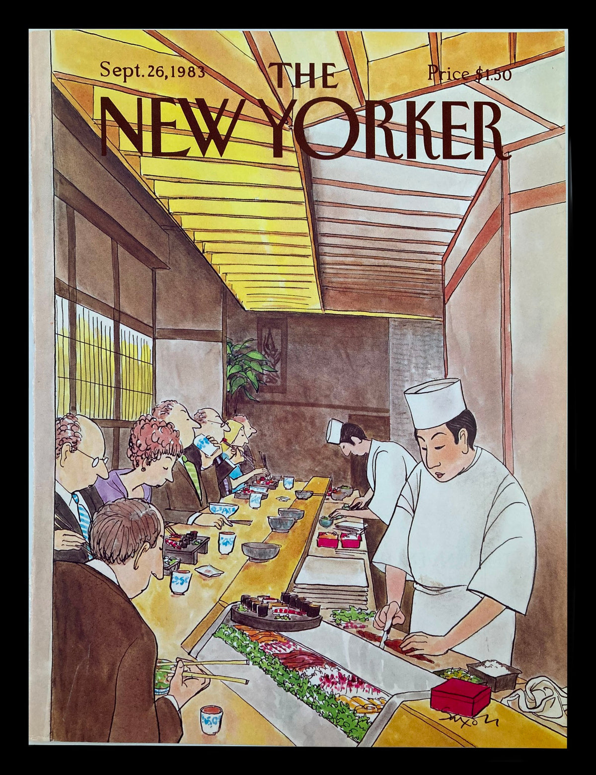 Cover of The New Yorker dated September 26, 1983, illustrated by Charles Saxon, featuring Japanese chefs preparing sushi while diners observe at a traditional sushi bar.