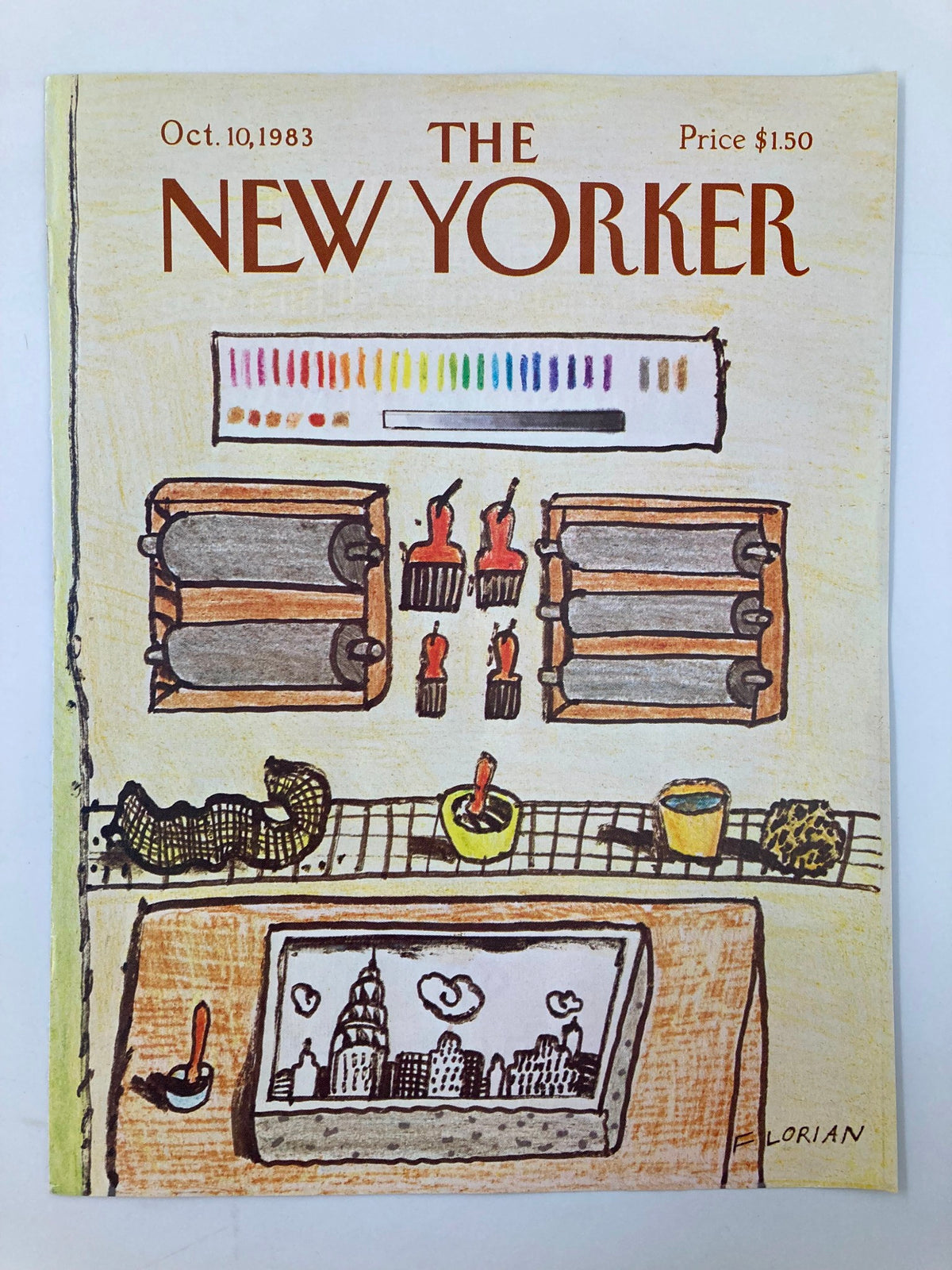 Cover of The New Yorker dated October 10, 1983, illustrated by Douglas Florian, depicting an Art Workshop setting with painting materials, brushes, and a detailed city skyline.
