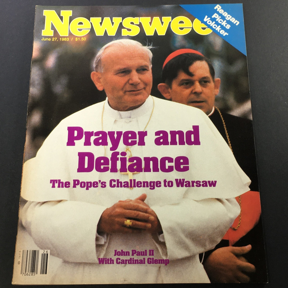 Cover of Vintage Newsweek Magazine from June 27, 1983 featuring Pope John Paul II with Cardinal Glemp, titled 'Prayer and Defiance: The Pope's Challenge to Warsaw'.