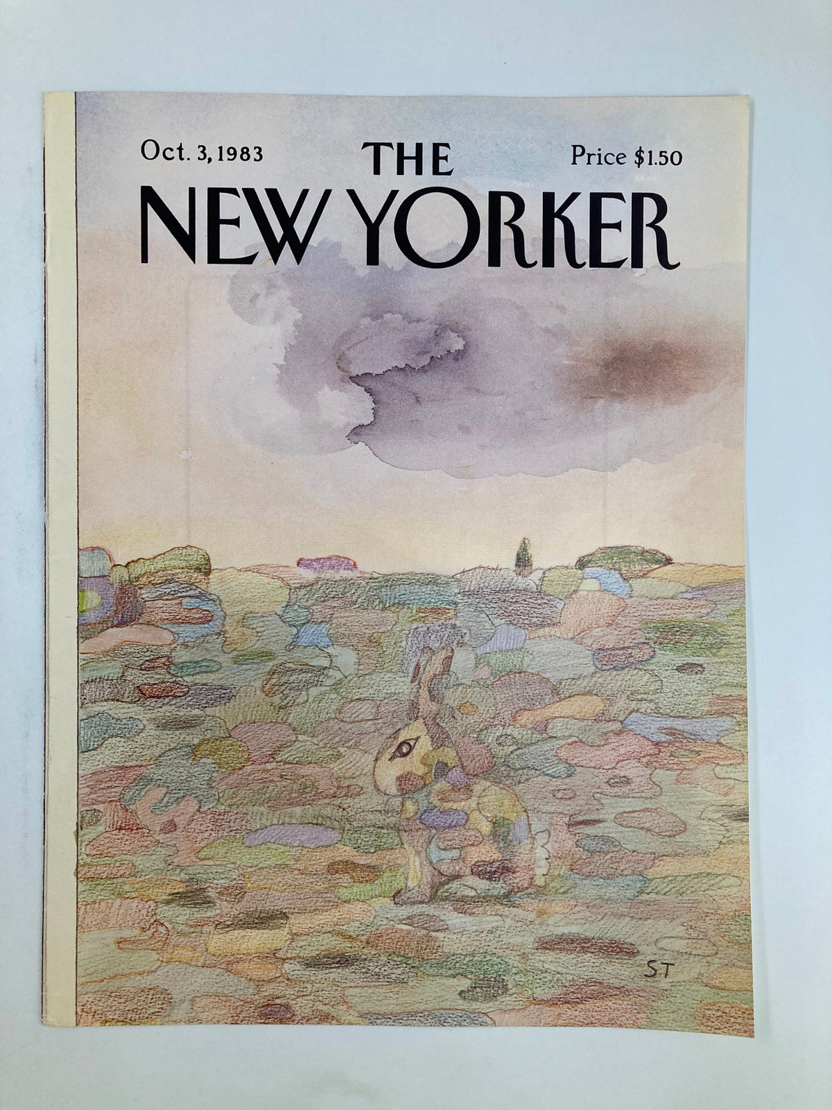 The New Yorker cover from October 3, 1983, showcasing 'Rabbit Camouflage' by Saul Steinberg, depicting a playful rabbit amidst a textured and colorful backdrop.