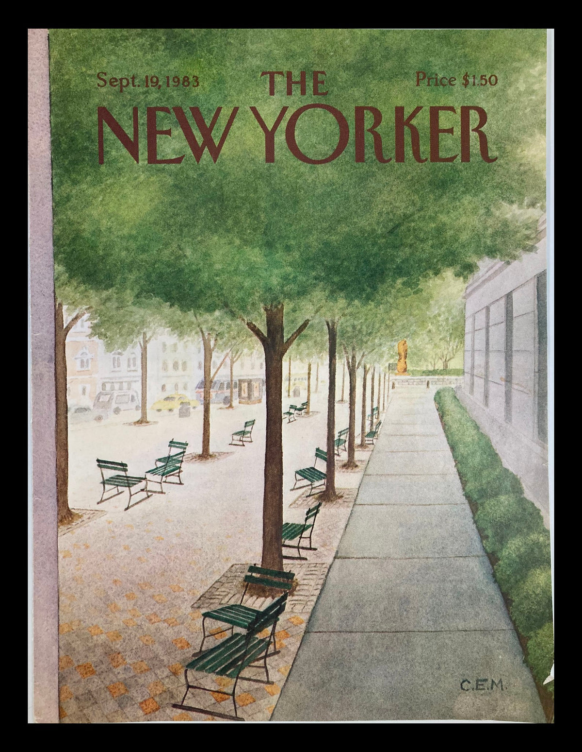 Cover art of The New Yorker dated September 19, 1983, titled 'Empty Chairs' by Charles E. Martin, showcasing empty green park benches under trees in a tranquil urban setting.