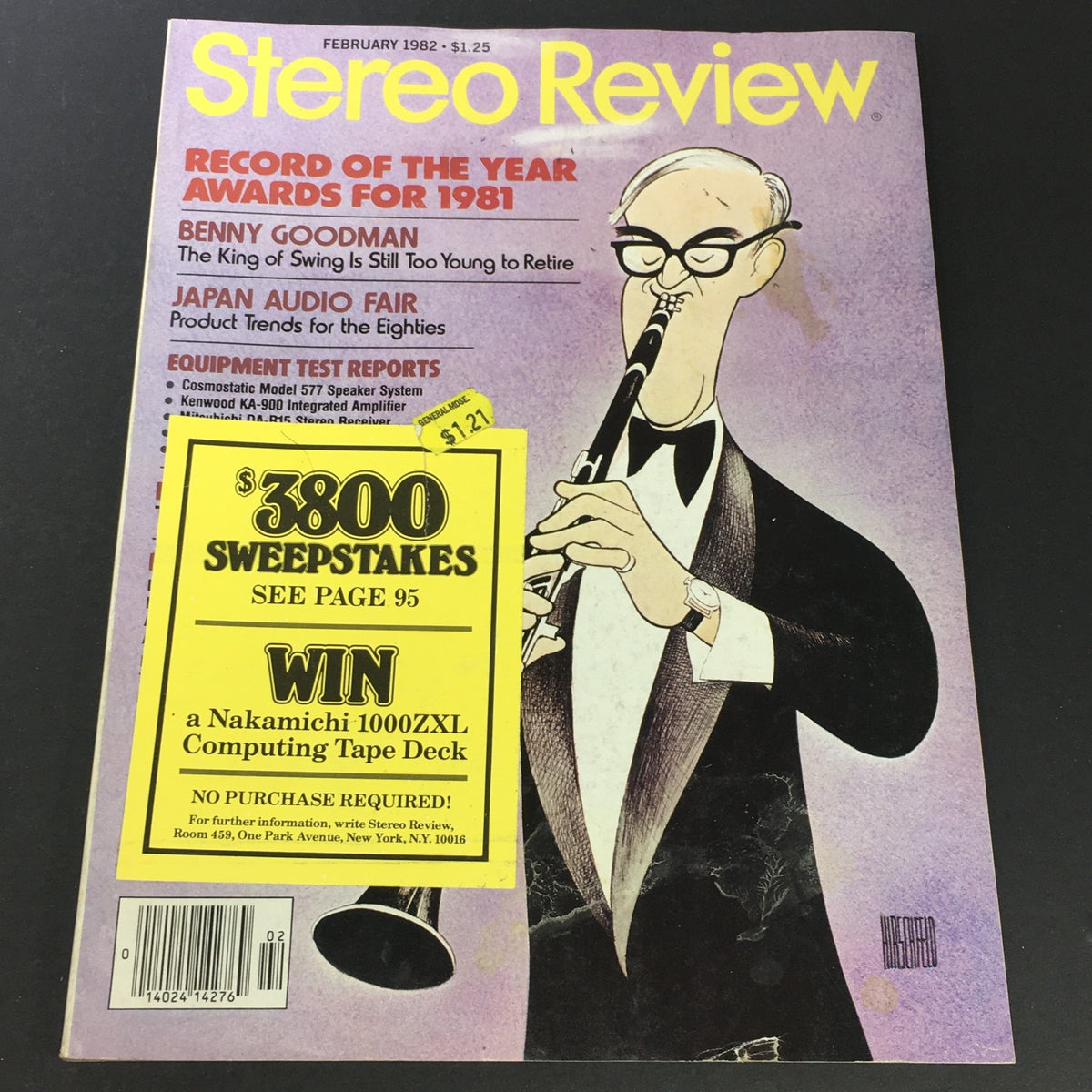 VTG Stereo Review Music Magazine February 1982 cover featuring Benny Goodman and Japan Audio Fair with a classic illustration of a musician playing the clarinet.