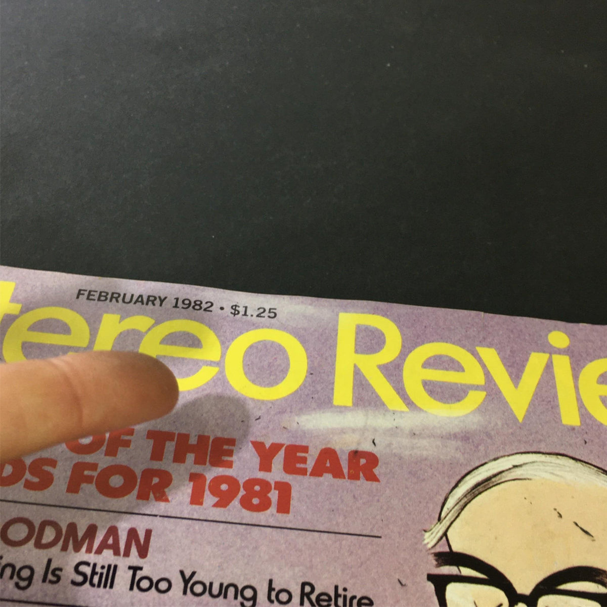 Close-up of the top section of the VTG Stereo Review Music Magazine February 1982 highlighting the publication date and price.