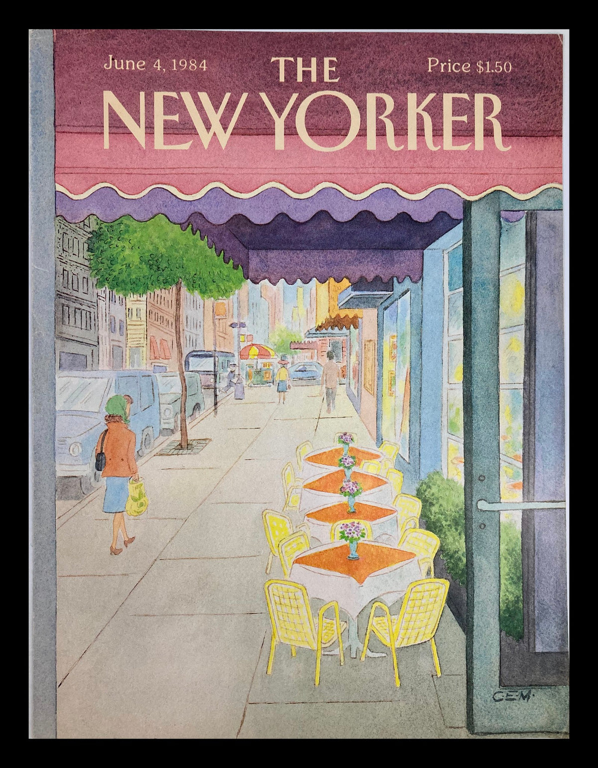 Cover art of The New Yorker magazine dated June 4, 1984, featuring a sidewalk cafe scene illustrated by Charles E. Martin, showcasing tables with vibrant flowers and a view of urban New York.