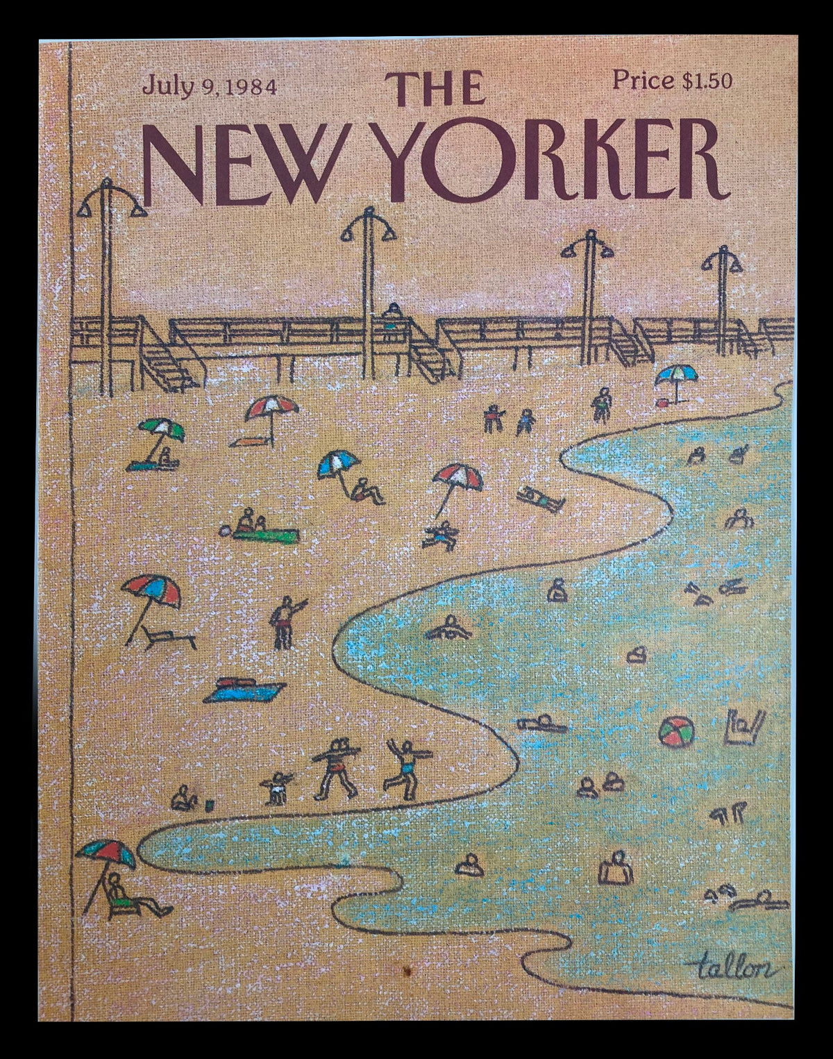 COVER ONLY The New Yorker July 9 1984 Beachgoers by Robert Tallon, featuring a vibrant beach scene with umbrellas and people enjoying a sunny day at the shore.