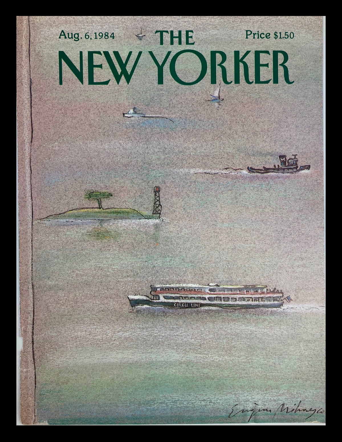 COVER ONLY The New Yorker August 6 1984 Circle Line Boat by Eugene Mihaesco, featuring a pastel illustration of the Circle Line boat on the water with the iconic New Yorker logo.