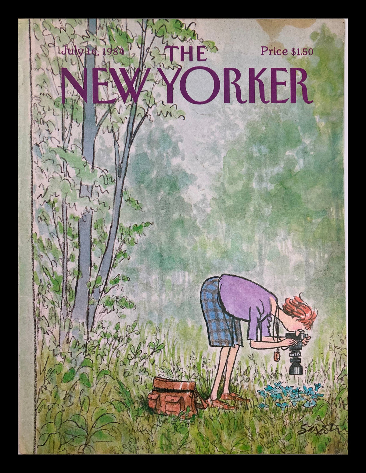Cover of The New Yorker July 16, 1984, illustrated by Charles Saxon, featuring a woman photographing flowers in a lush green setting.