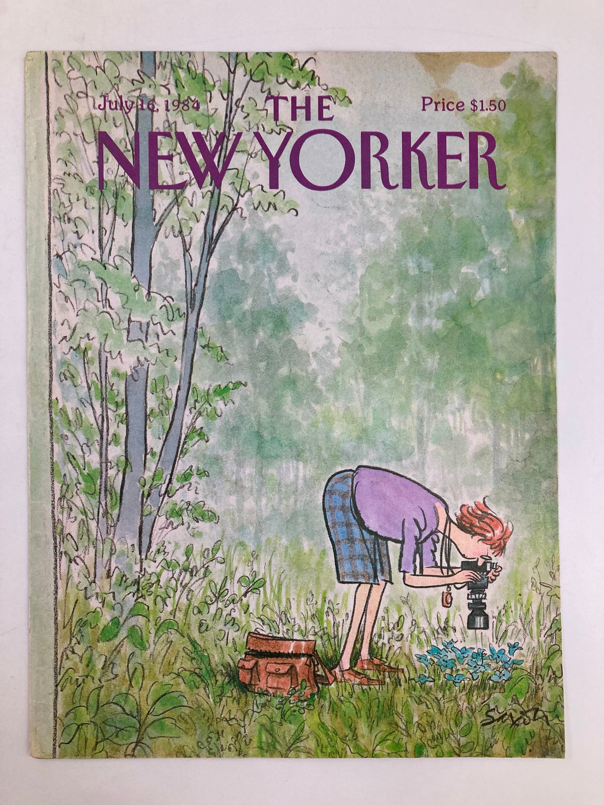 Cover of The New Yorker July 16, 1984, illustrated by Charles Saxon, showcasing a woman capturing photographs of blue flowers surrounded by greenery.