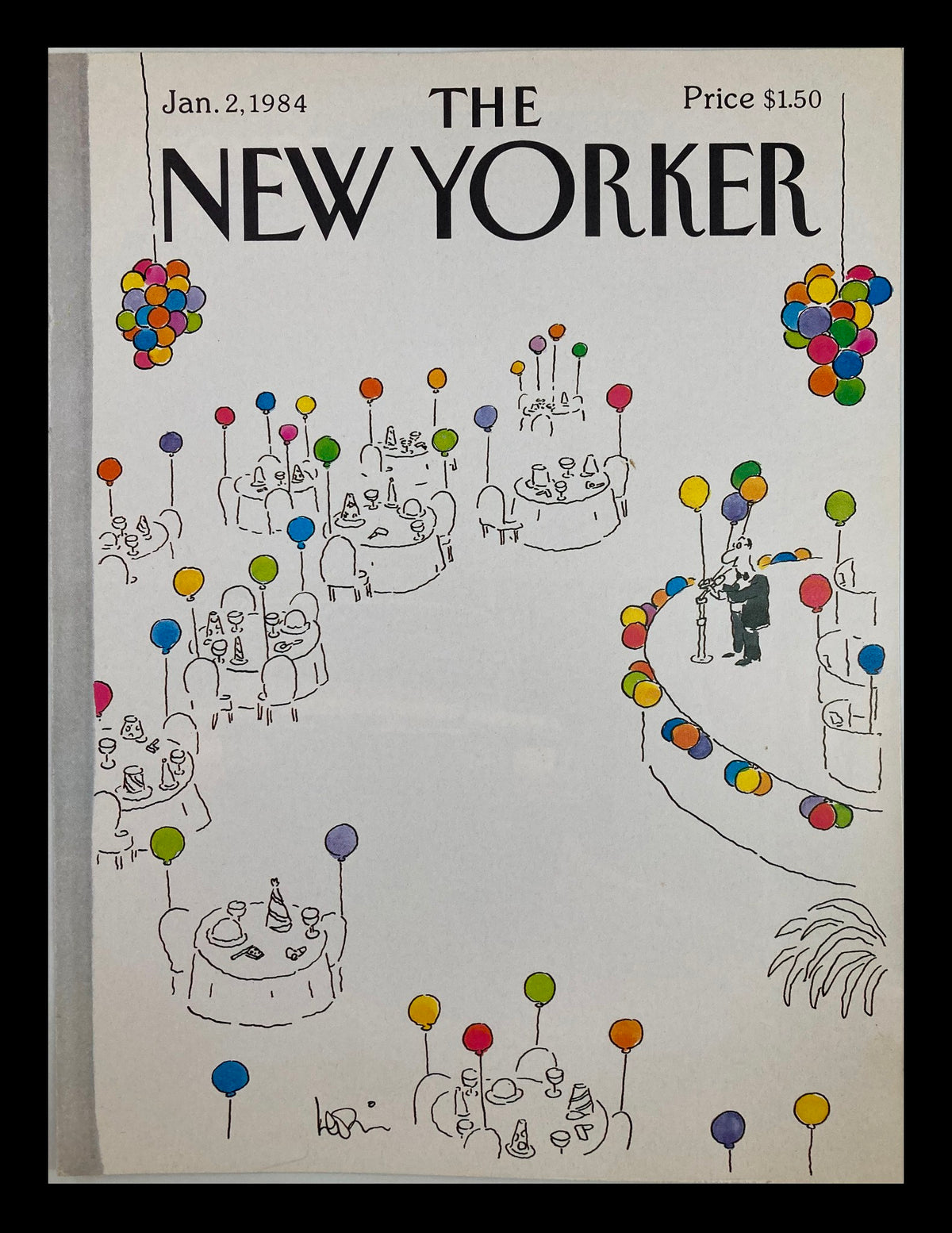 Cover of The New Yorker January 2, 1984, featuring a New Year's Eve party illustration by Arnie Levin, showcasing tables, festive balloons, and celebratory decorations.