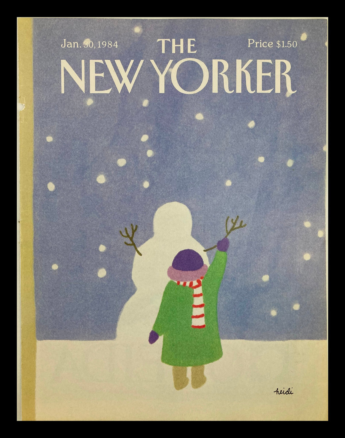 Cover of The New Yorker dated January 30, 1984, featuring the illustration 'Building Snowman' by Heidi Goennel, depicting a child in a green coat and purple hat constructing a snowman against a snowy backdrop.