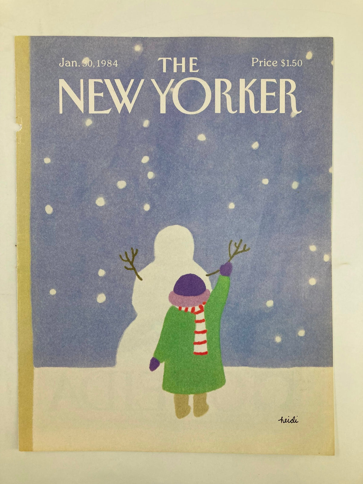 A close-up view of The New Yorker cover from January 30, 1984, showcasing the artwork 'Building Snowman' by Heidi Goennel, highlighting a child with a red and white striped scarf in a winter scene.
