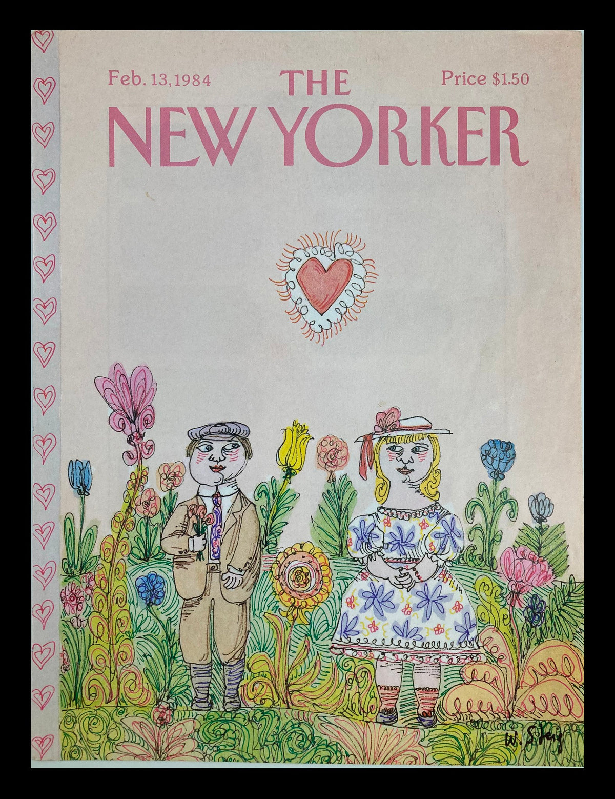 Cover of The New Yorker magazine dated February 13, 1984, featuring whimsical illustrations of a man and woman surrounded by colorful flowers, celebrating Valentine's Day. Artwork by William Steig.