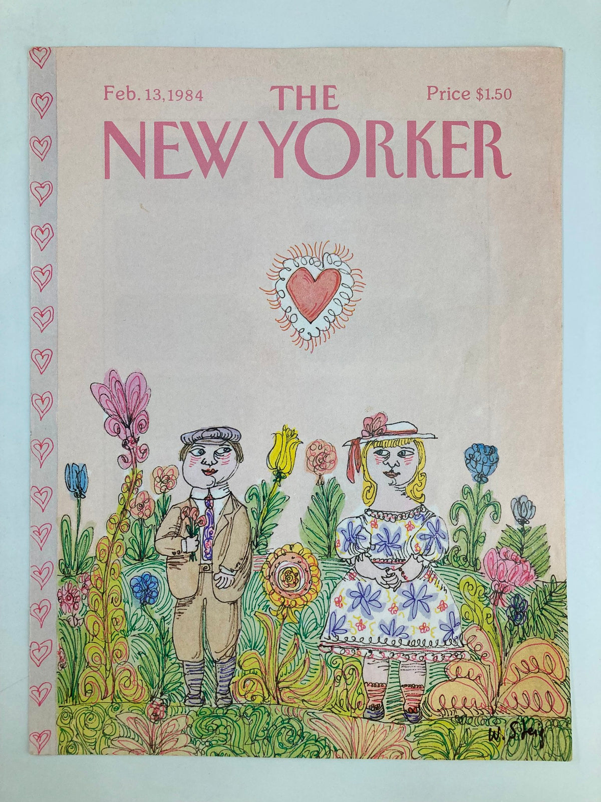 Cover of The New Yorker dated February 13, 1984, featuring a colorful illustration by William Steig, depicting a man and woman among flowers, celebrating Valentine's Day.