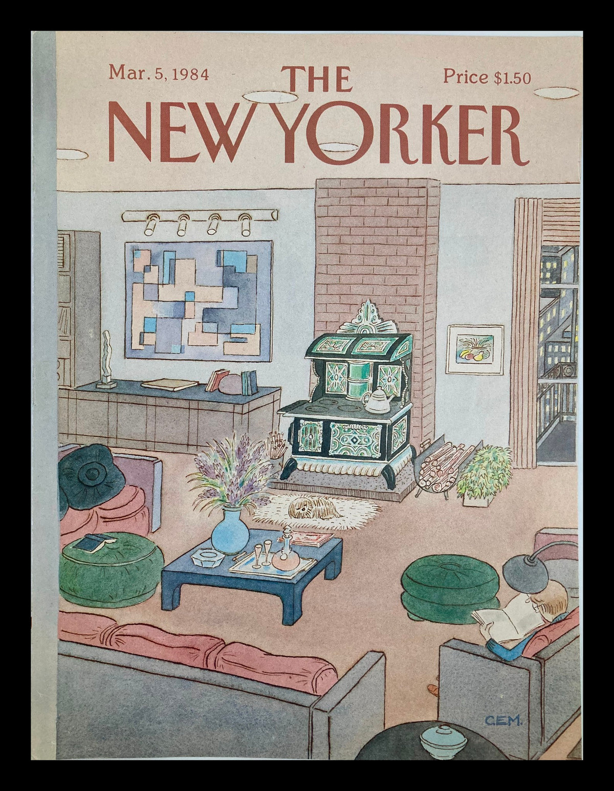 The New Yorker Cover March 5 1984 featuring 'Comfort at Home' by Charles E. Martin, depicting a cozy interior with colorful furniture and decor.