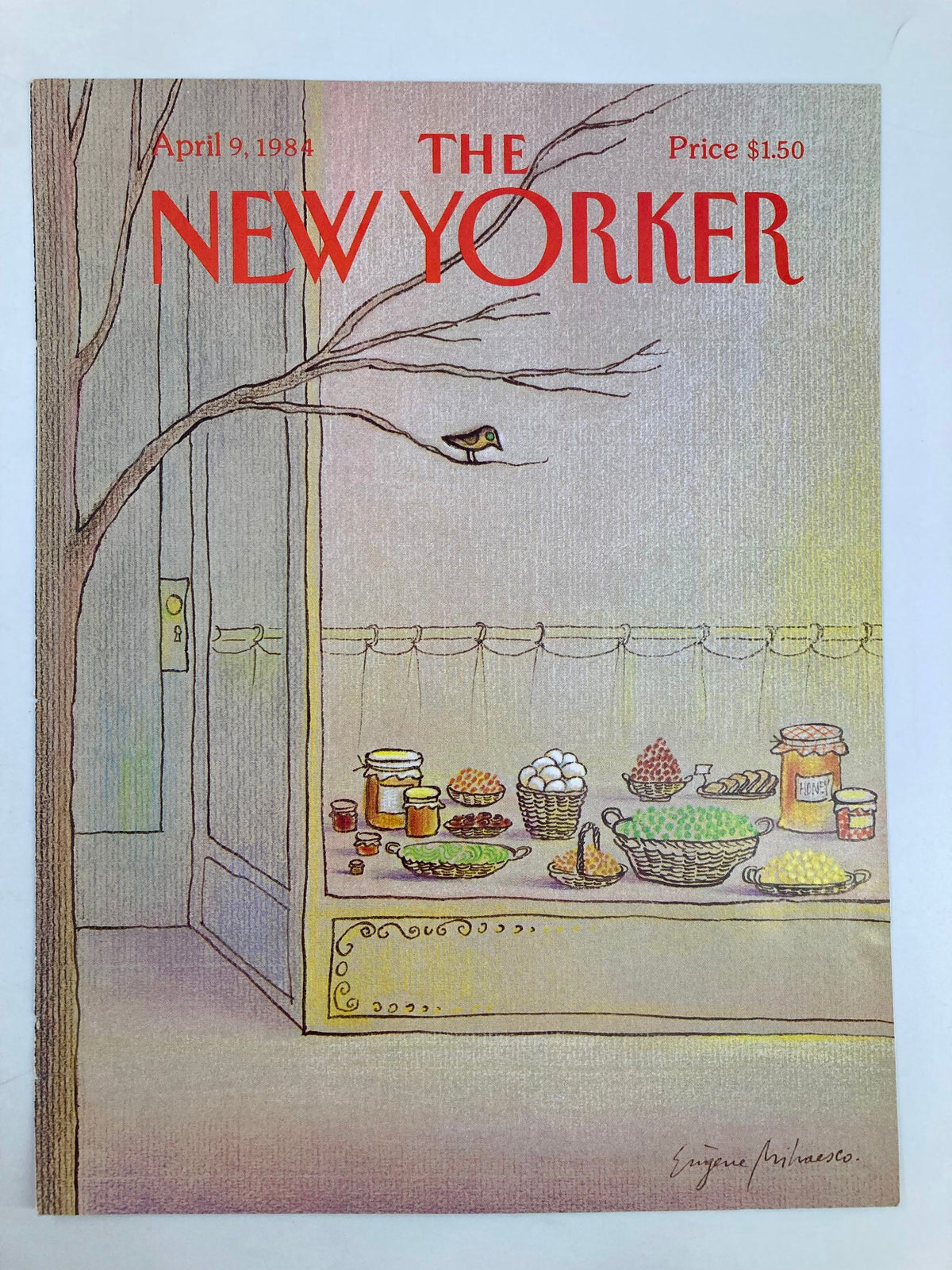 Cover of The New Yorker magazine from April 9, 1984, featuring an illustration by Eugene Mihaesco of various food items displayed in a shop window, reflecting a serene spring ambiance.