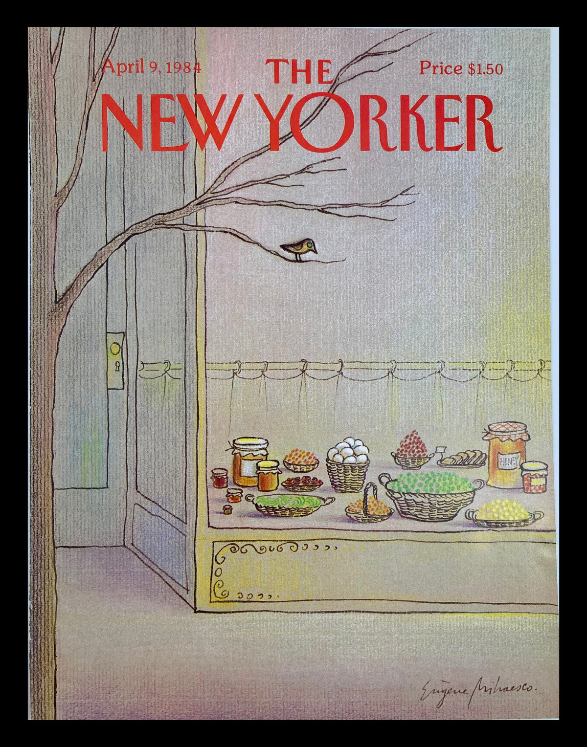 Cover of The New Yorker magazine, April 9, 1984, featuring an illustration by Eugene Mihaesco showcasing a window display filled with various foods including eggs, jars of honey, and assorted dishes, labeled 'Pick a Food'. The magazine features a bold red title and is priced at $1.50.