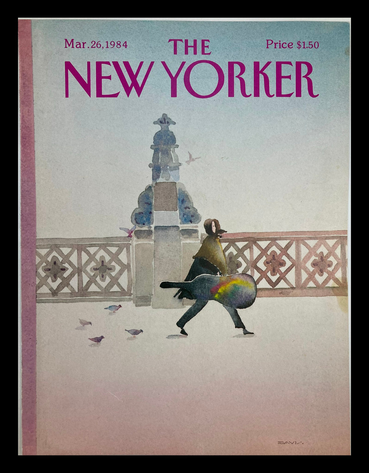 Cover of The New Yorker dated March 26, 1984, featuring a watercolor illustration of a Musicman by Susan Davis, showcasing a blend of artistic charm and nostalgia.