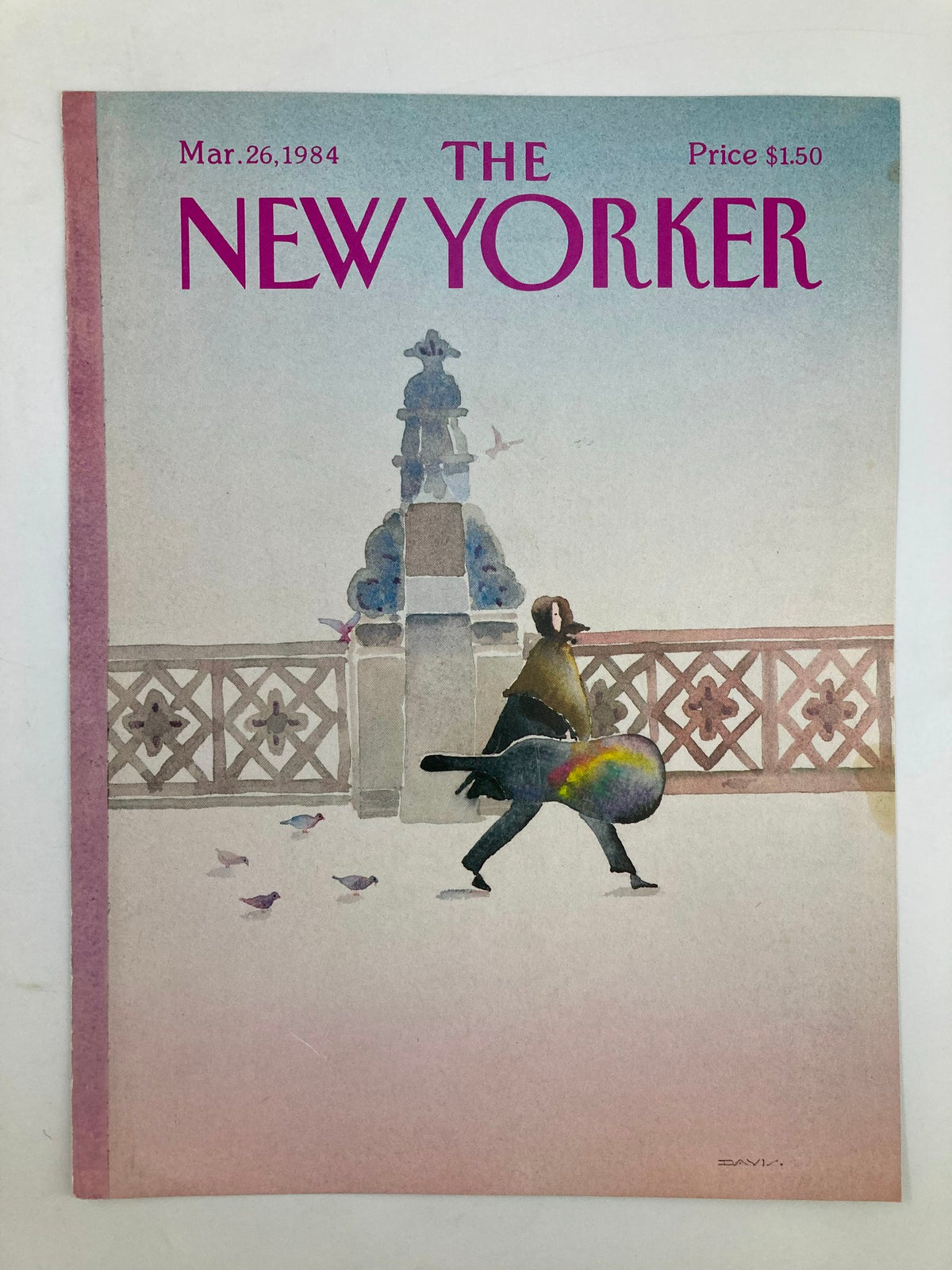 The New Yorker cover from March 26, 1984, highlighting a watercolor depiction of a Musicman by Susan Davis, emphasizing elegance and artistic expression.