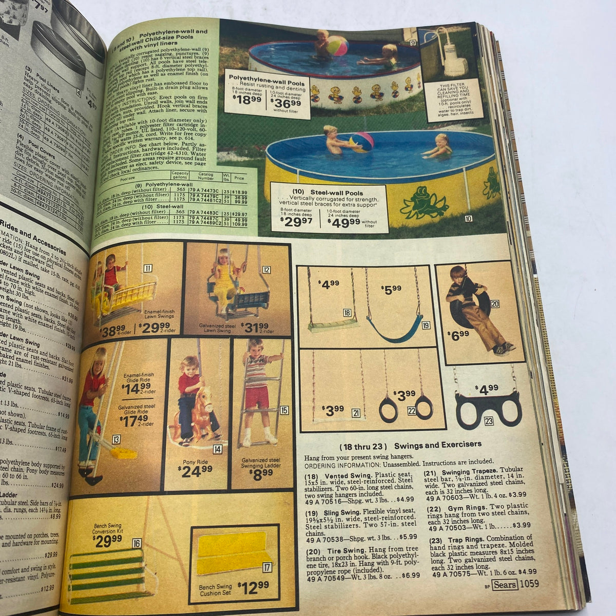 1979 Sears Spring Summer Where America Shops Catalog page showing inflatable pools, swings, and exercise equipment with prices listed.
