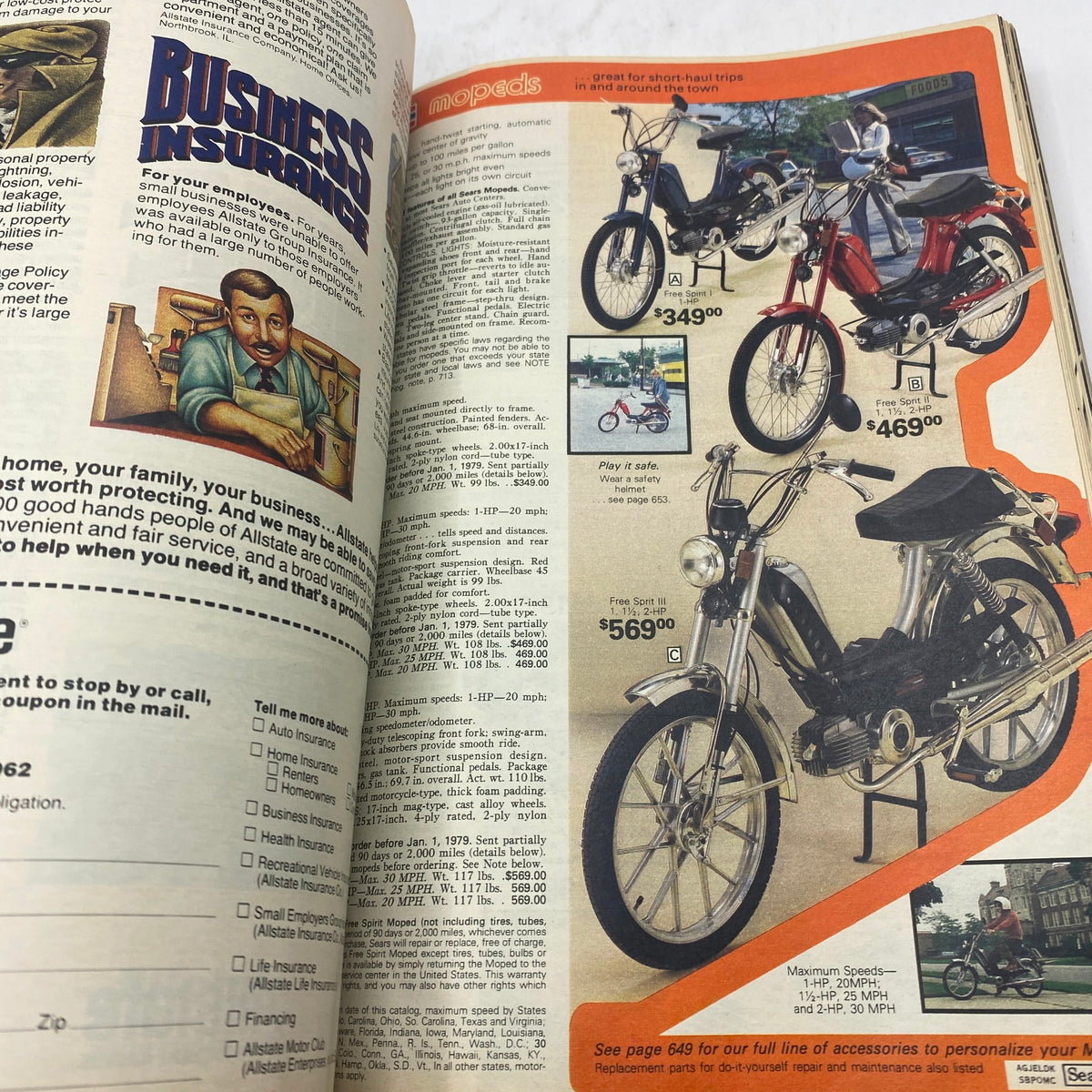 1979 Sears Spring Summer Where America Shops Catalog page advertising mopeds and bikes, showcasing various models and prices.