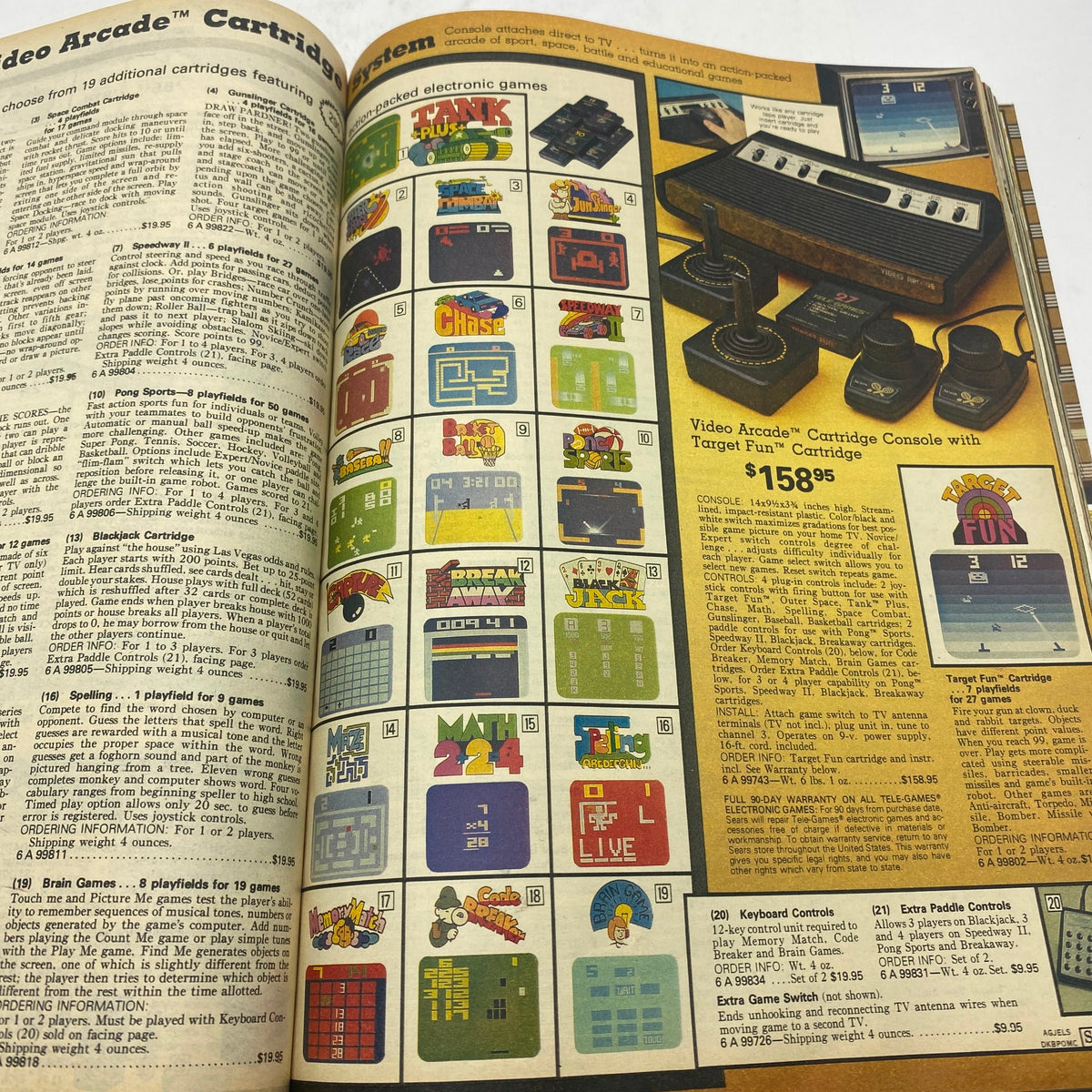 1979 Sears Spring Summer Where America Shops Catalog page promoting video arcade cartridges and gaming consoles with pricing information.