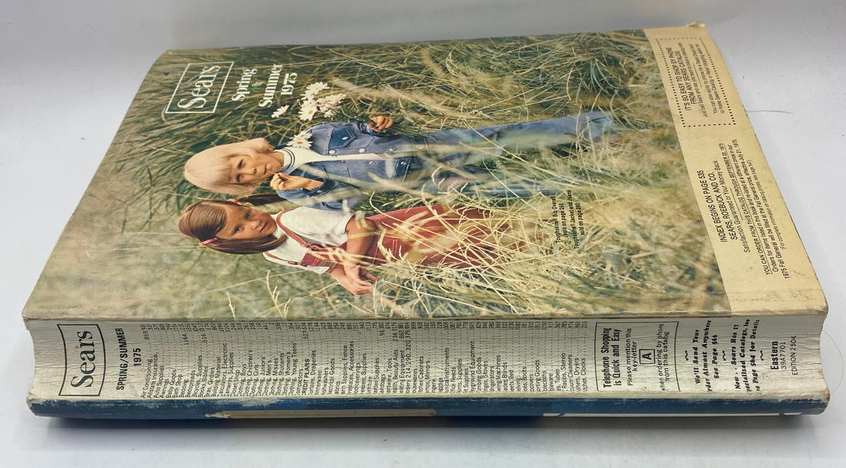 Cover page of the 1975 Sears Spring Summer Toughskins Bib Overall, Jacket Jeans Catalog showcasing children in casual outfits standing in a field.