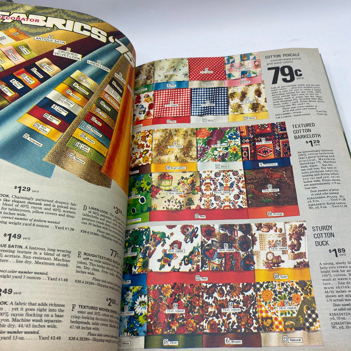 Interior page of the 1975 Sears Spring Summer Toughskins Bib Overall, Jacket Jeans Catalog displaying various fabrics and prints with prices.