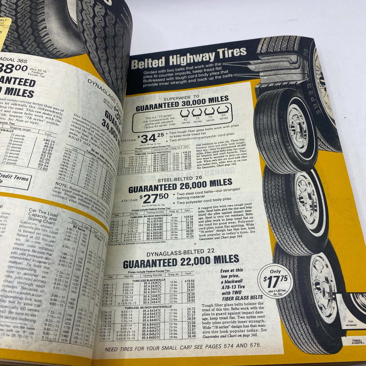 1975 Sears Spring Summer Toughskins Bib Overall, Jacket Jeans Catalog displaying an advertisement for belted highway tires with pricing details and specifications.