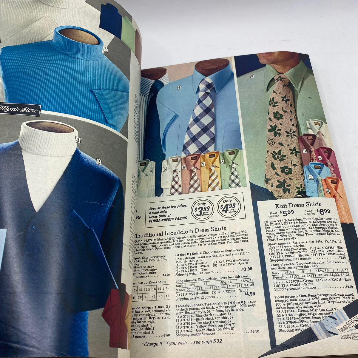 1975 Sears Spring Summer Toughskins Bib Overall, Jacket Jeans Catalog illustrating a selection of stylish dress shirts and ties for men with pricing options.