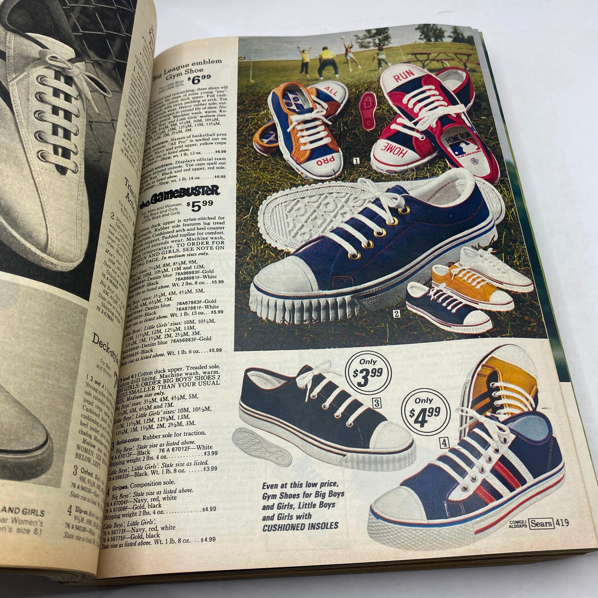 1975 Sears Spring Summer Toughskins Bib Overall, Jacket Jeans Catalog featuring vintage sneakers for boys and girls with various styles and prices.