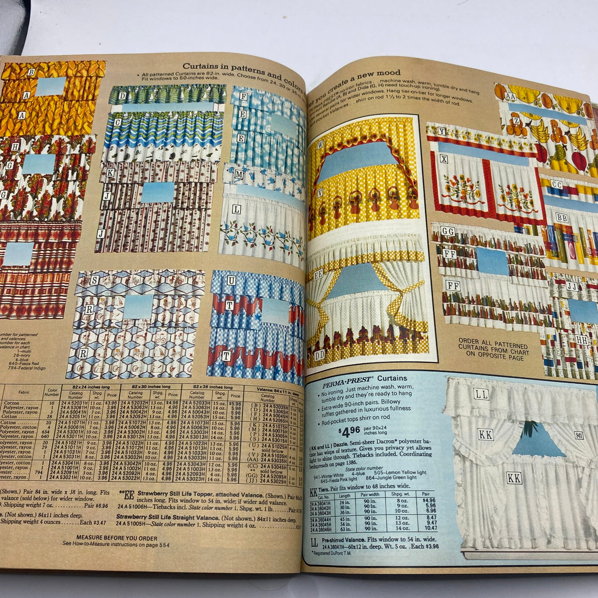 1975 Sears Spring Summer Toughskins Bib Overall, Jacket Jeans Catalog displaying a variety of curtains in colorful patterns and designs.