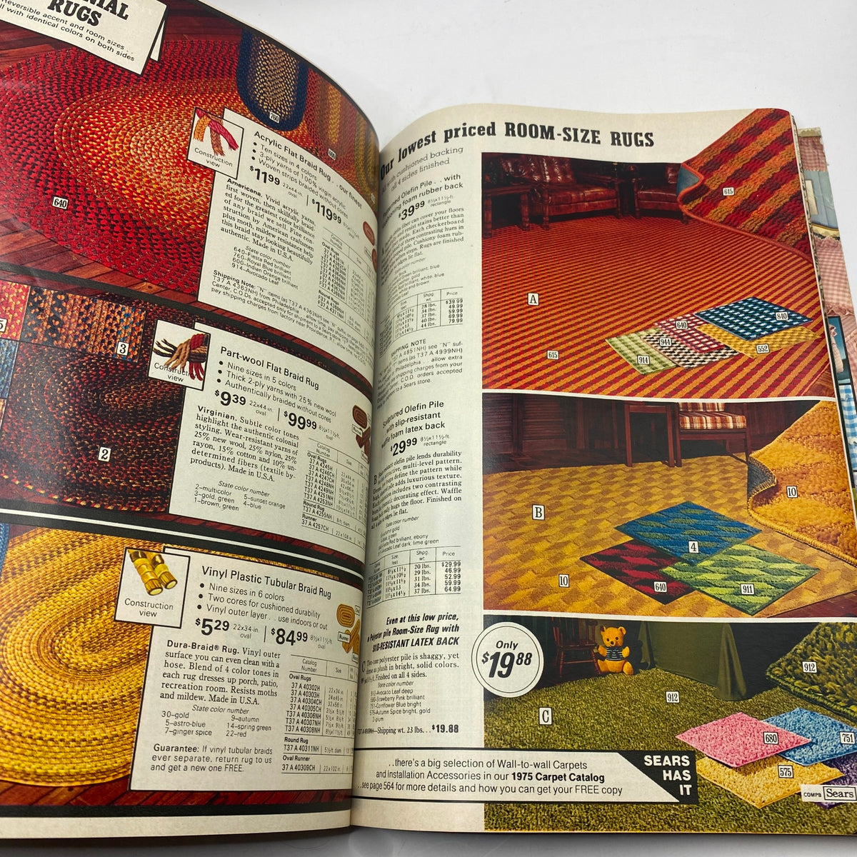 Page from the 1975 Sears Spring Summer Toughskins Bib Overall, Jacket Jeans Catalog featuring room-size rugs with prices and options.