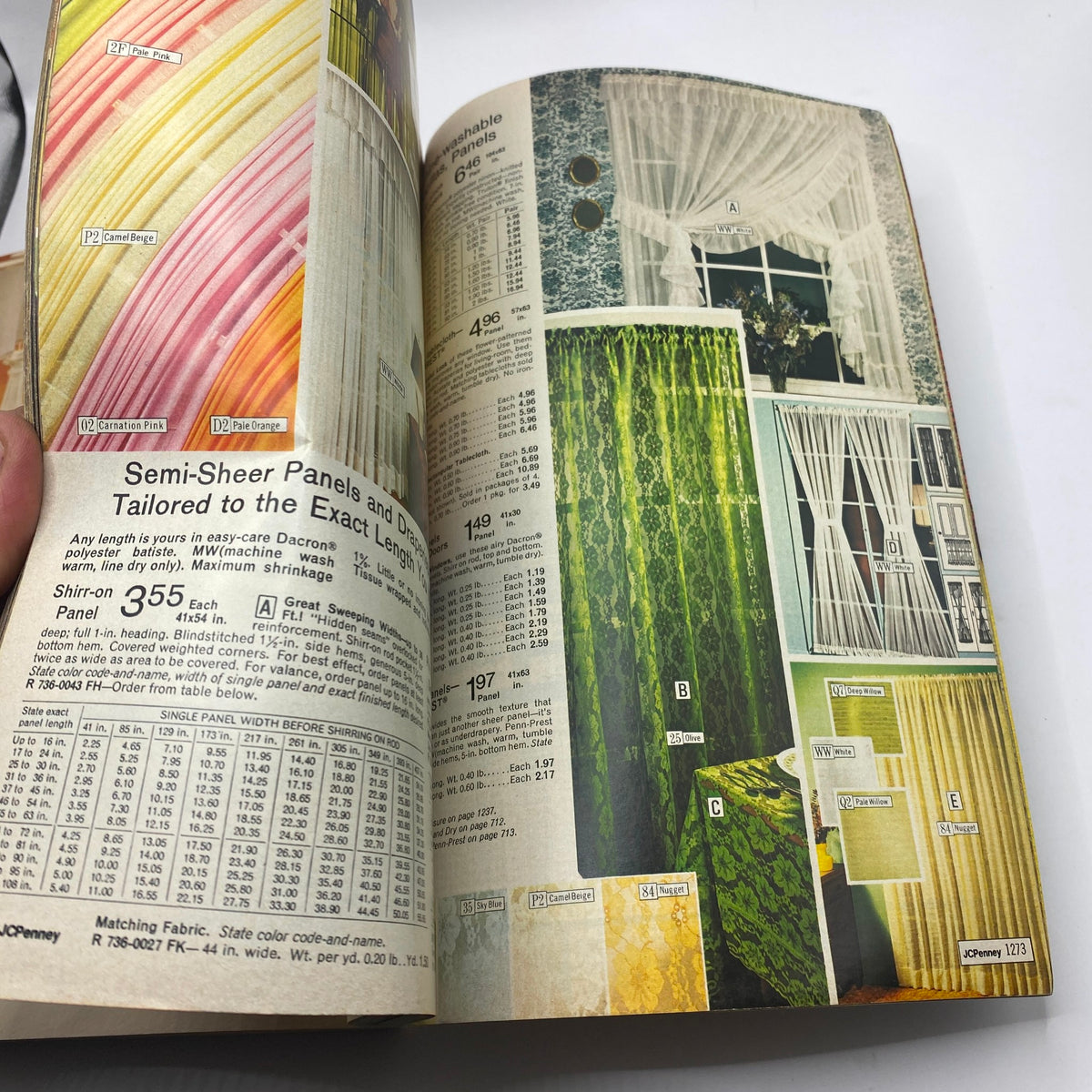 1973 JCPenney Fall and Winter All in Layers Catalog showcasing semi-sheer curtain panels in various colors and patterns.