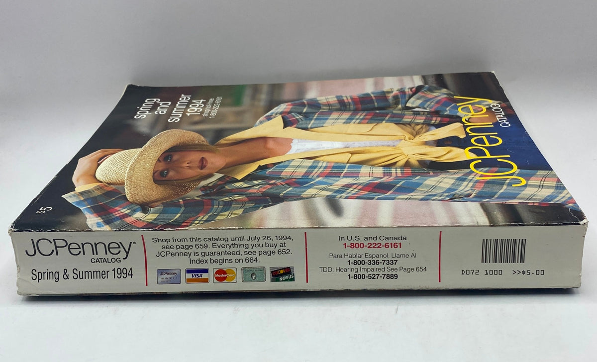 Side view of the 1994 JCPenney Spring and Summer Catalog revealing promotional details and the back cover design, highlighting customer service contact information.