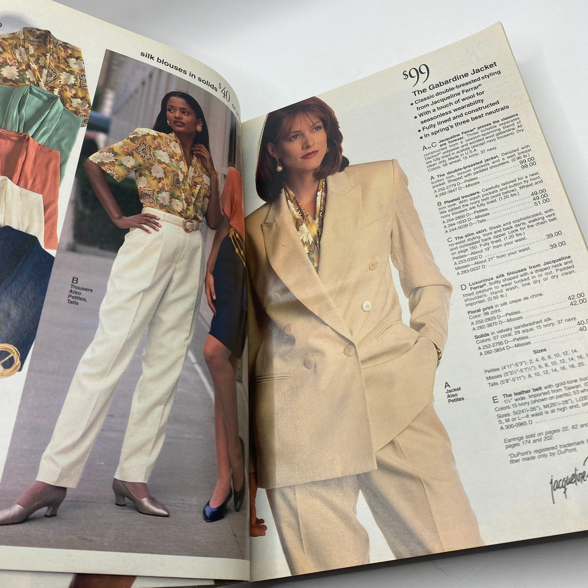 Interior page of the 1994 JCPenney Spring and Summer Catalog displaying fashion styles including a woman's gabardine jacket and floral blouses.