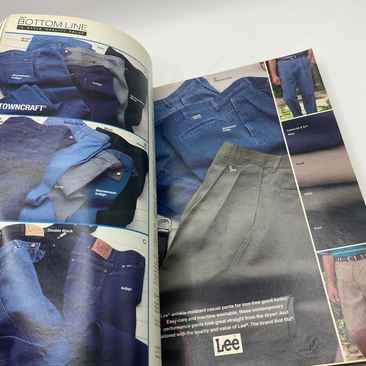 Interior page of the 1994 JCPenney Spring and Summer Catalog featuring casual pants from the Lee brand, emphasizing durability and stylish choices for spring and summer.