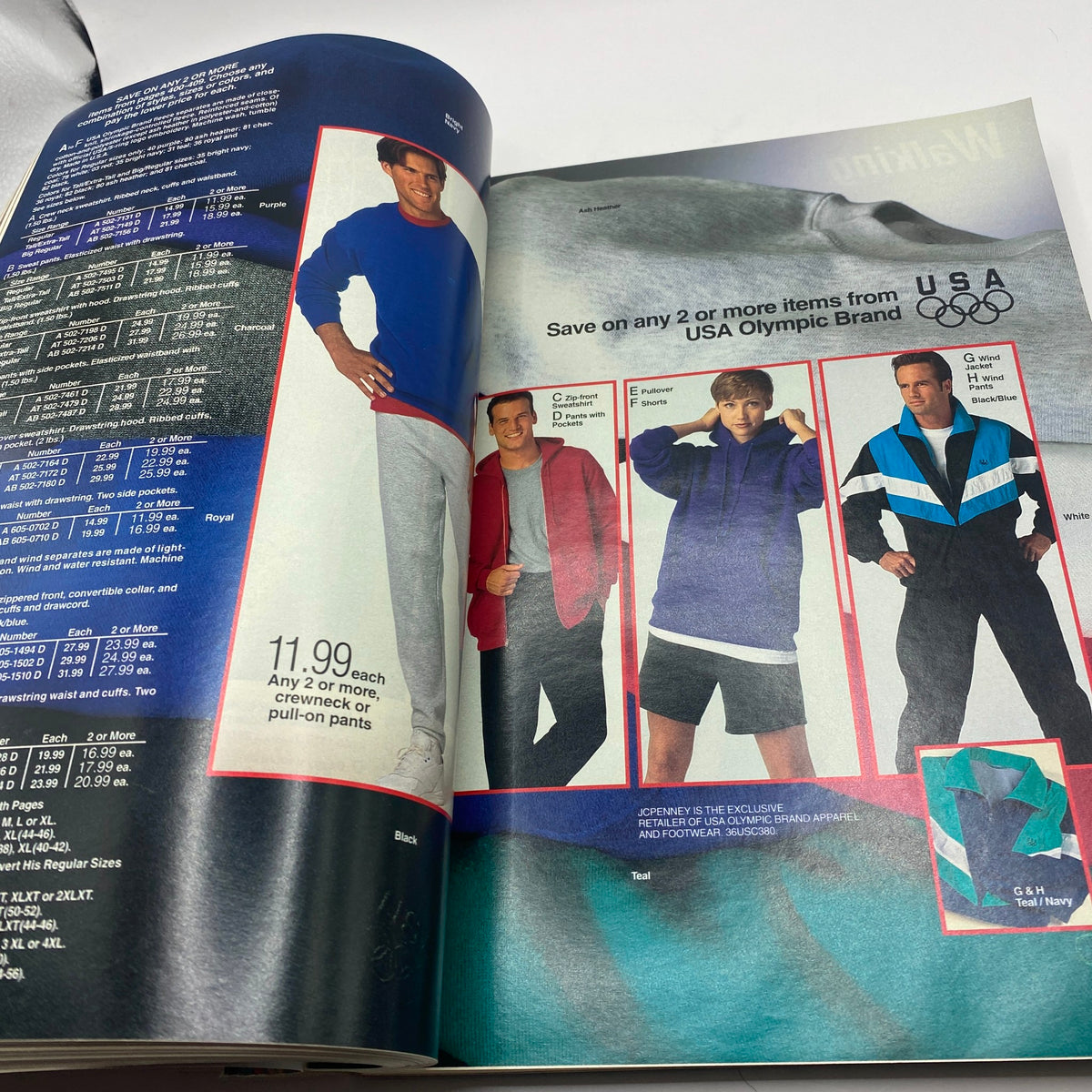 1994 JCPenney Spring and Summer Catalog showcasing USA Olympic Brand clothing with options for sweatshirts and pull-on pants, highlighted with pricing details.
