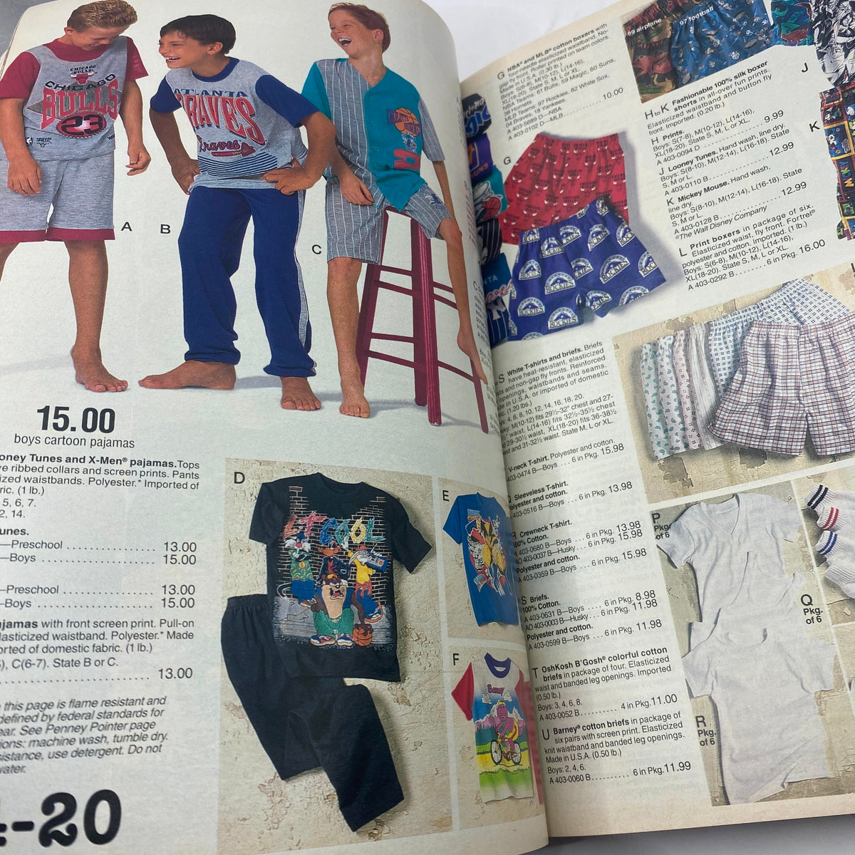 1994 JCPenney Spring and Summer Catalog highlighting boys' cartoon pajamas with vibrant designs, offering size and pricing details.