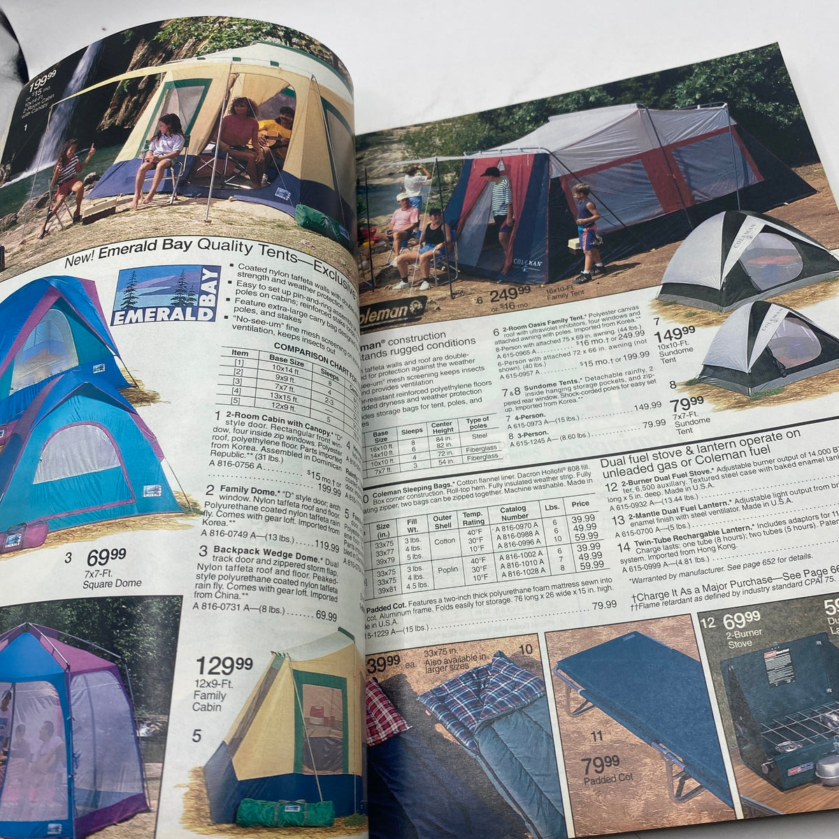 Page from the 1994 JCPenney Spring and Summer Catalog featuring Emerald Bay Quality Tents, showcasing various tent options and prices.