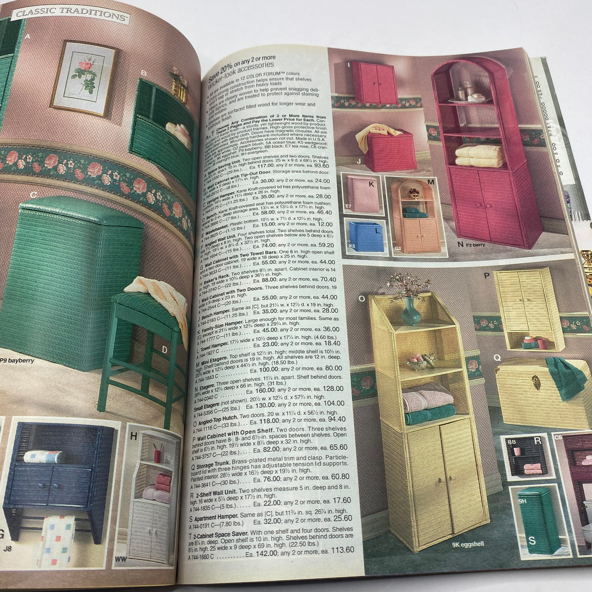 Interior home decor page from the 1994 JCPenney Spring and Summer Catalog, displaying Classic Traditions storage solutions in multiple colors.