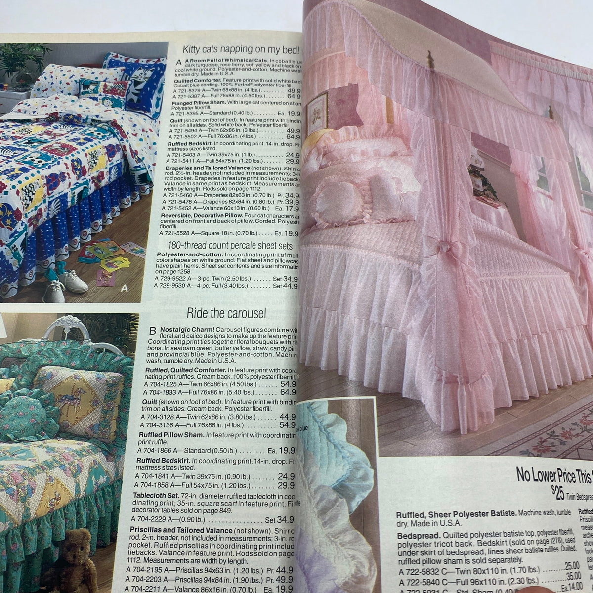 Children's bedding section from the 1994 JCPenney Spring and Summer Catalog featuring playful designs, bed skirts, and sheet sets.