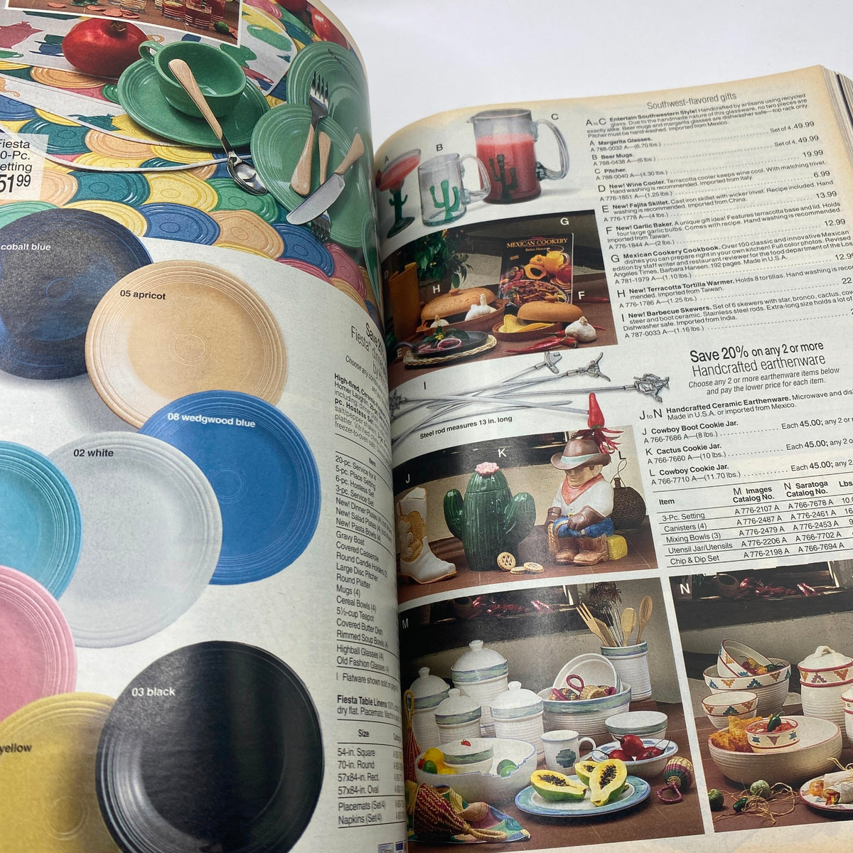 1994 JCPenney Spring and Summer Catalog showcasing colorful dinnerware and kitchen accessories including plates in various colors such as apricot, blue, white, and black.