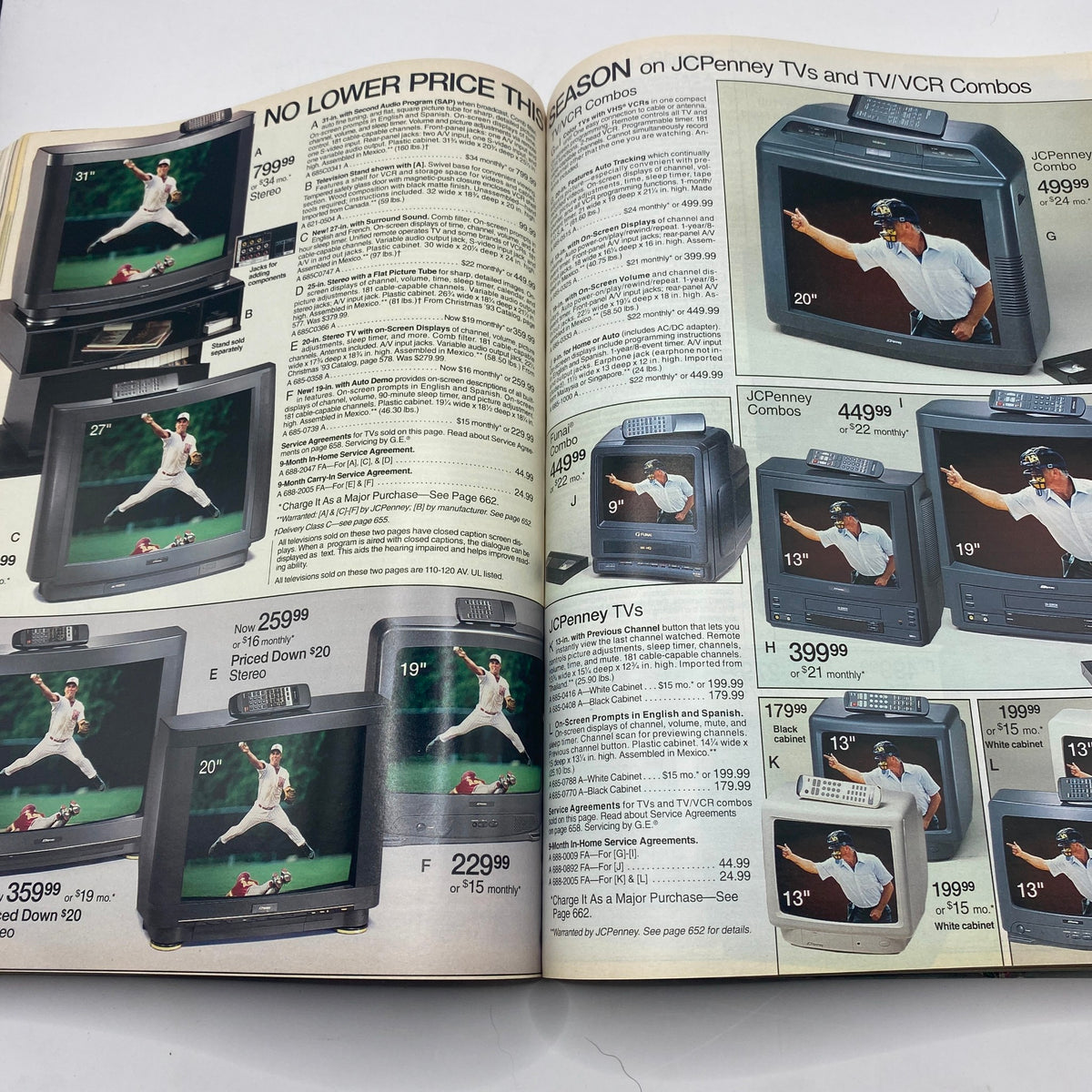 1994 JCPenney Spring and Summer Catalog promoting television sets and VCR combos, with highlighted pricing and featured brands for electronics.