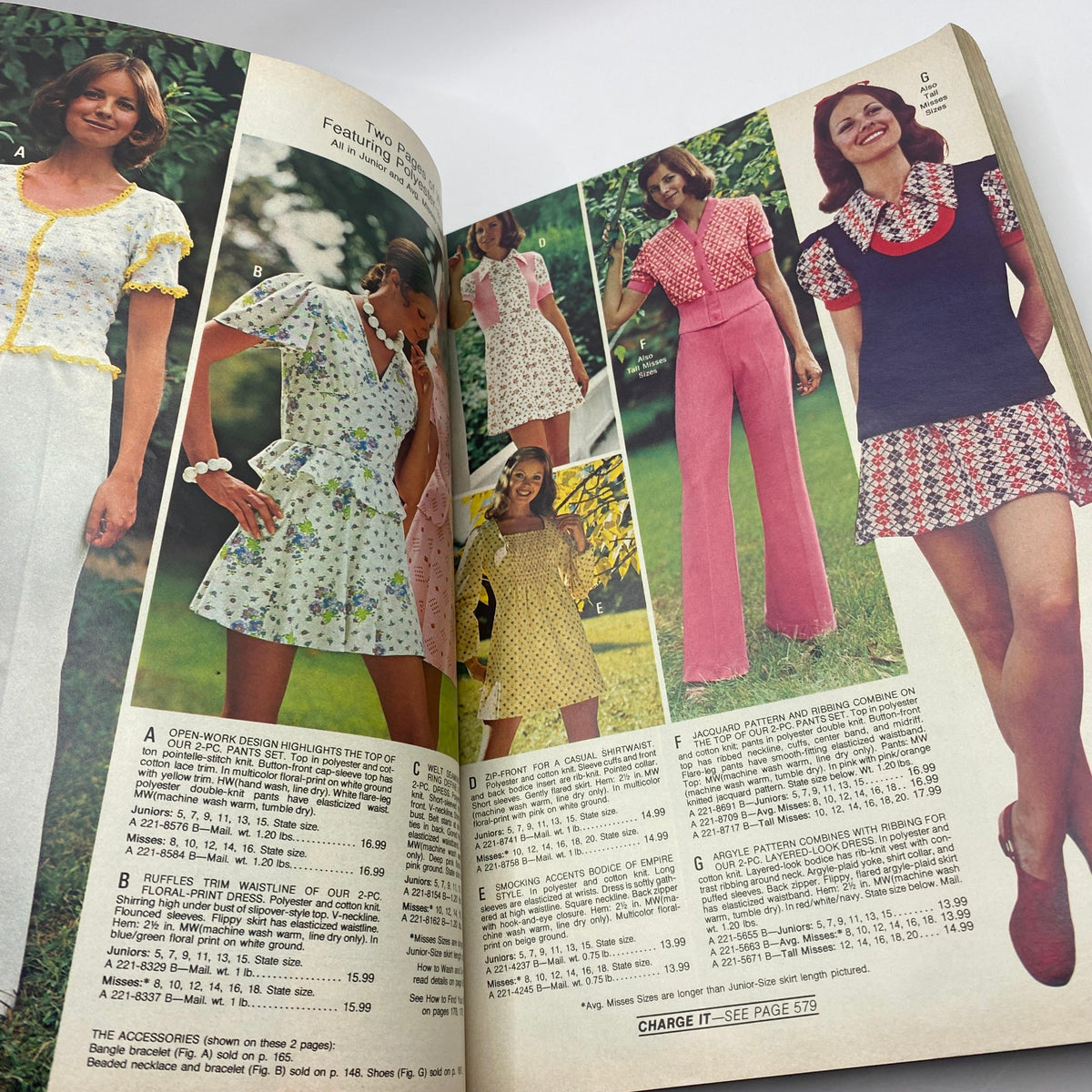 Another interior page of the 1974 JCPenney Spring and Summer Catalog, showcasing a variety of women's summer outfits in vibrant colors and patterns.