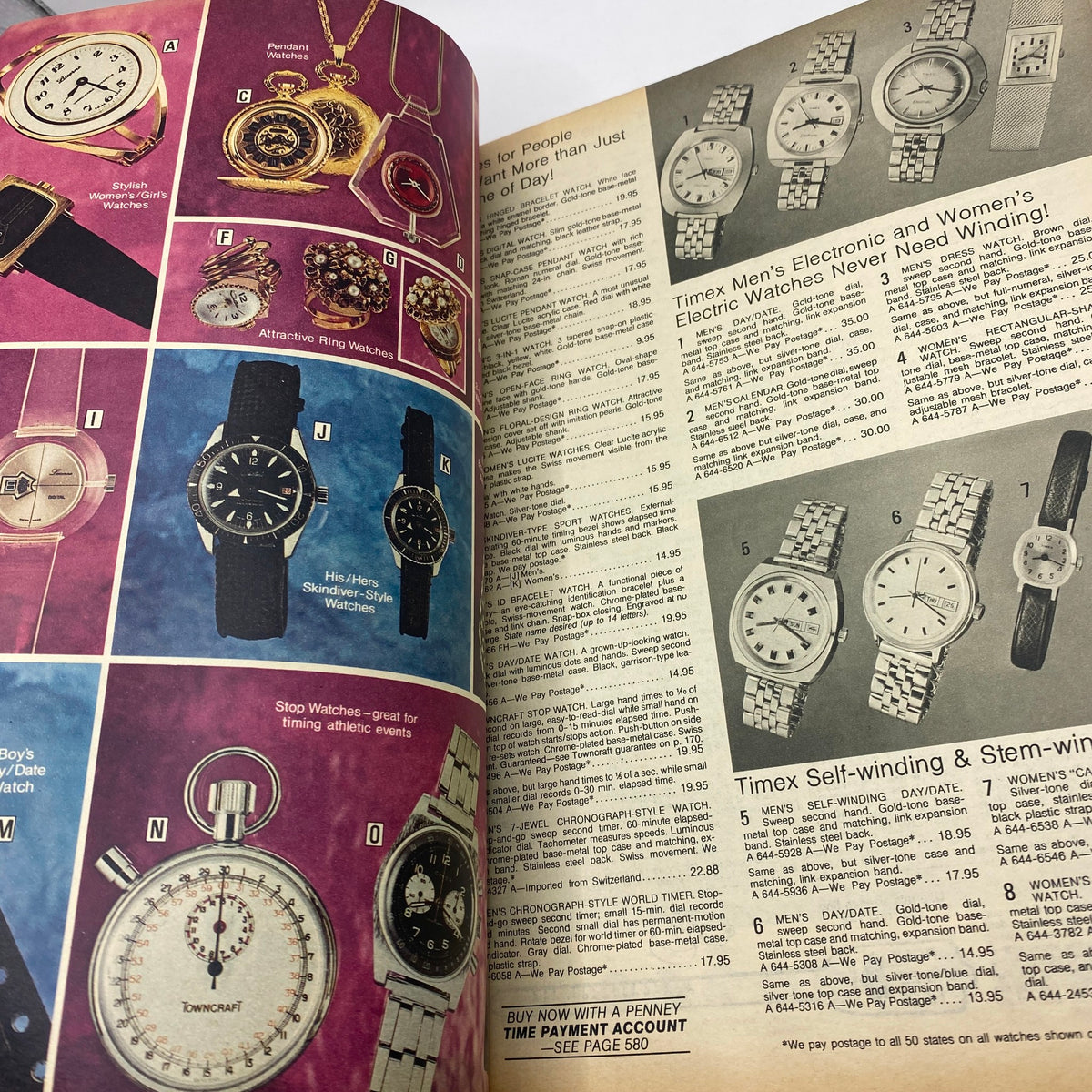 1974 JCPenney Spring and Summer Catalog featuring a selection of men's and women's electronic and self-winding watches with detailed pricing.