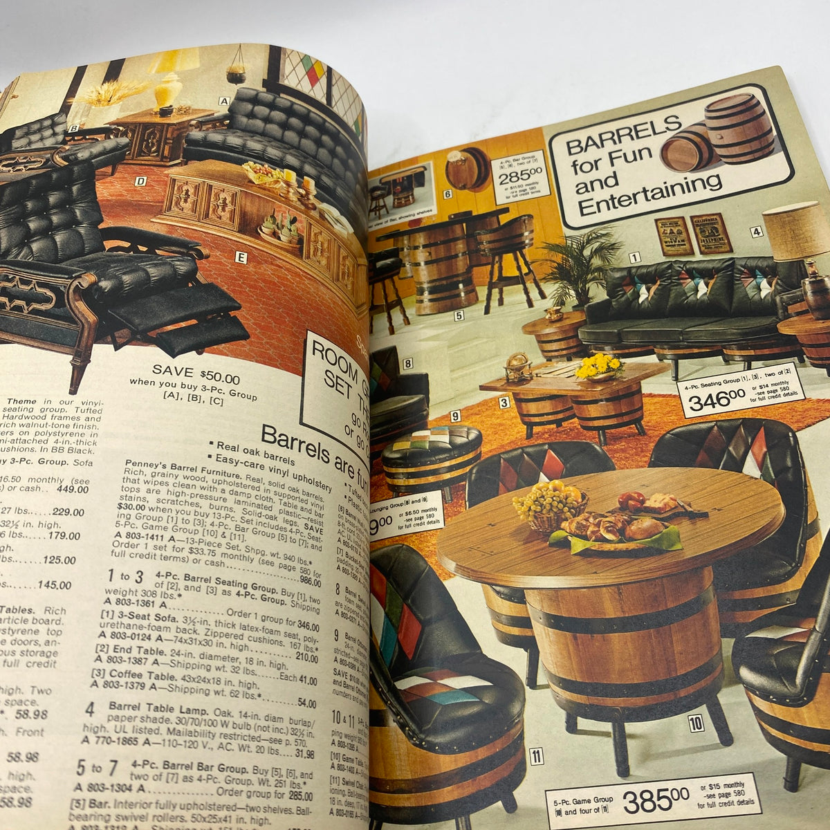 1974 JCPenney Spring and Summer Catalog presenting stylish living room furniture sets including barrel chairs and rustic décor.