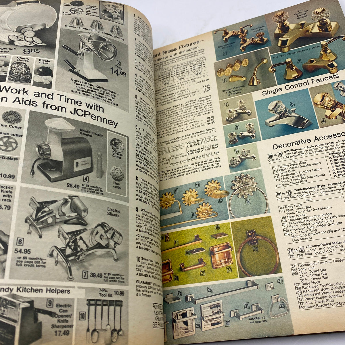 1974 JCPenney Spring and Summer Catalog illustrating home kitchen appliances and decorative brass fixtures for a modern aesthetic.