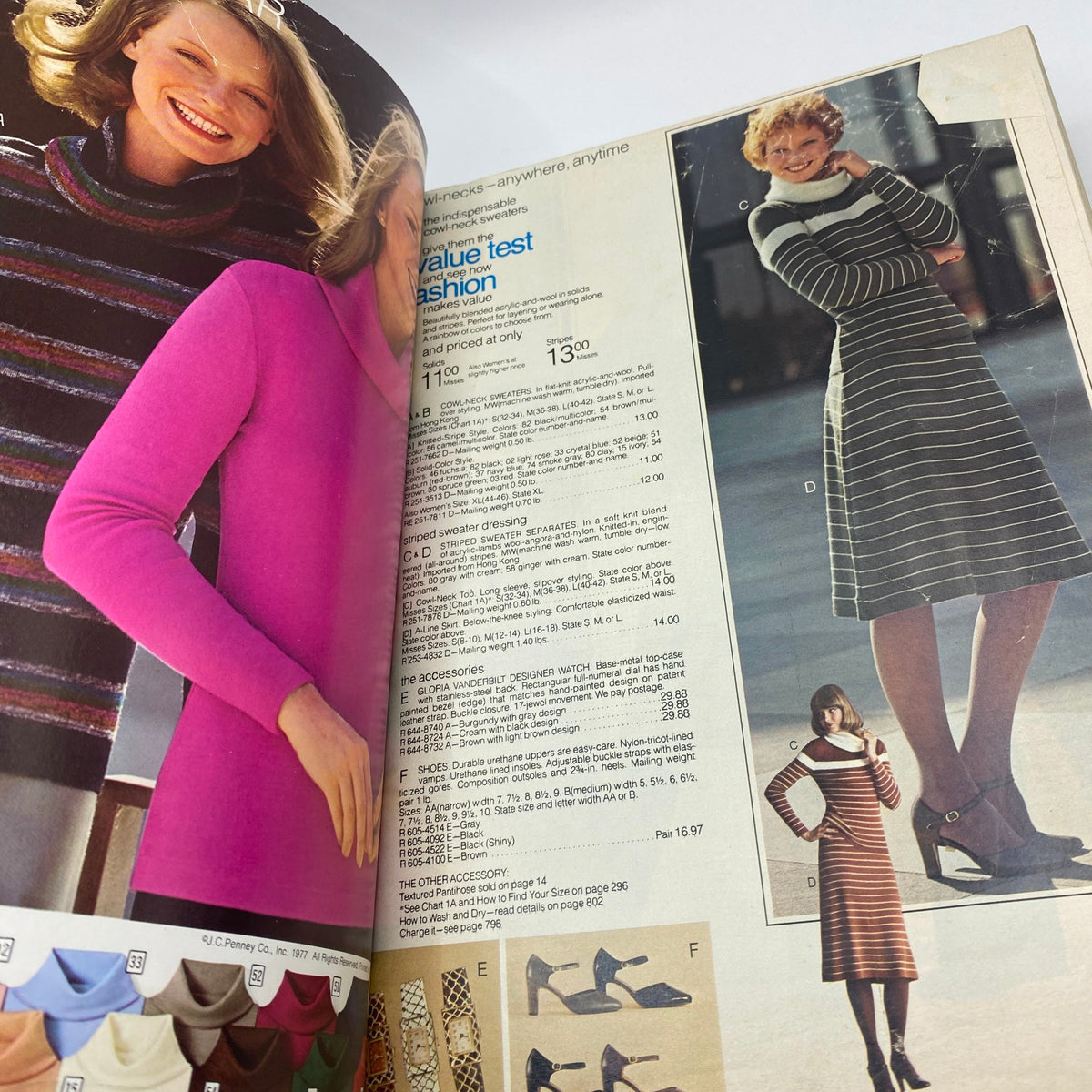 1977 JCPenney Fall and Winter Catalog showcasing fashionable women's clothing styles, including colorful sweaters and dresses, emphasizing 70s fashion trends.